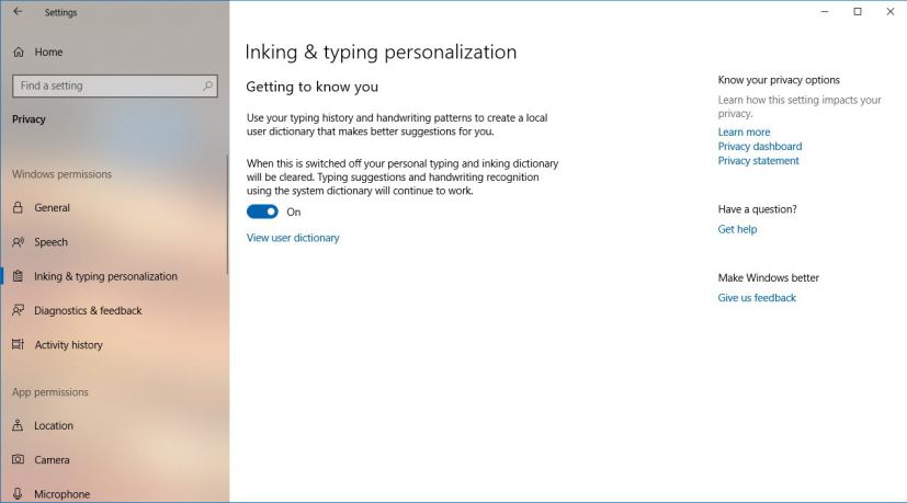 Inking & typing personalization privacy settings on WIndows 10
