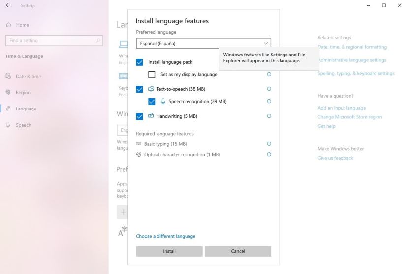 Language install improvements with tooltip on Windows 10 20H1