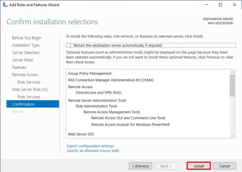 Windows Server 2019 install VPN server option