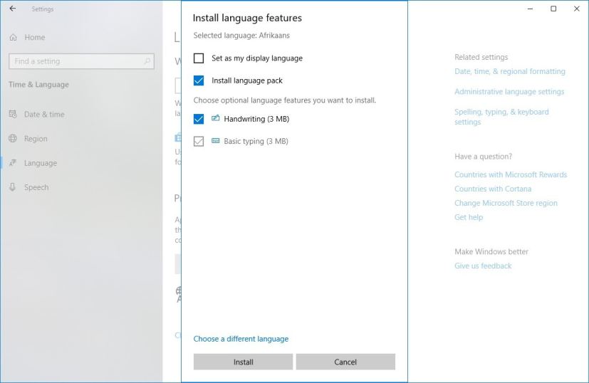 Language options on Windows 10 version 1903