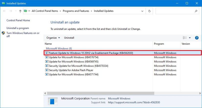 Windows 10 20H2 (KB4562830) uninstall