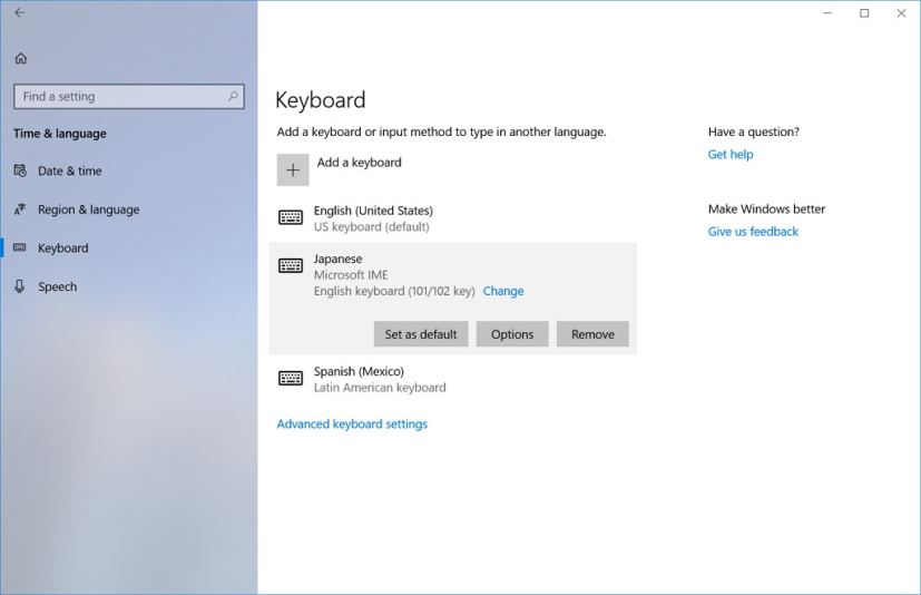 Keyboard settings in Windows 10 build 17063