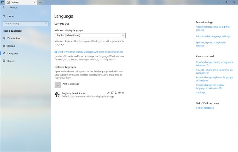Language settings on Windows 10 build 17686