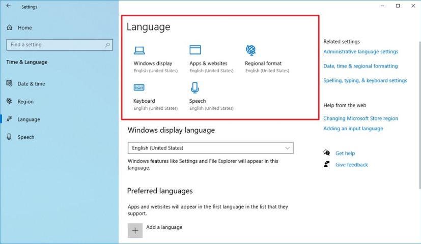 Language settings on Windows 10 version 2004