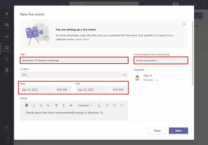 Microsoft Teams Live event settings