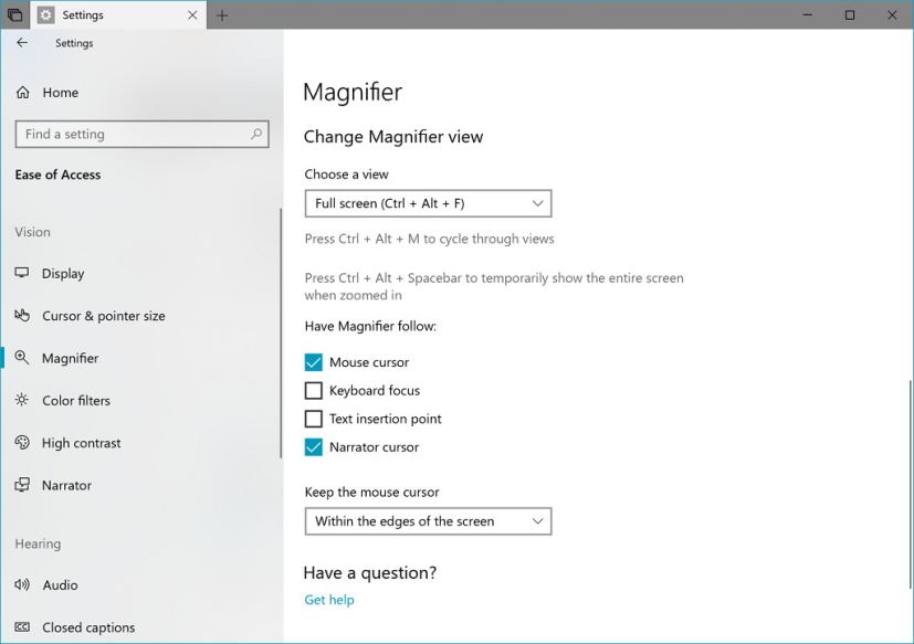 Magnifier settings changes on Windows 10 build 17643
