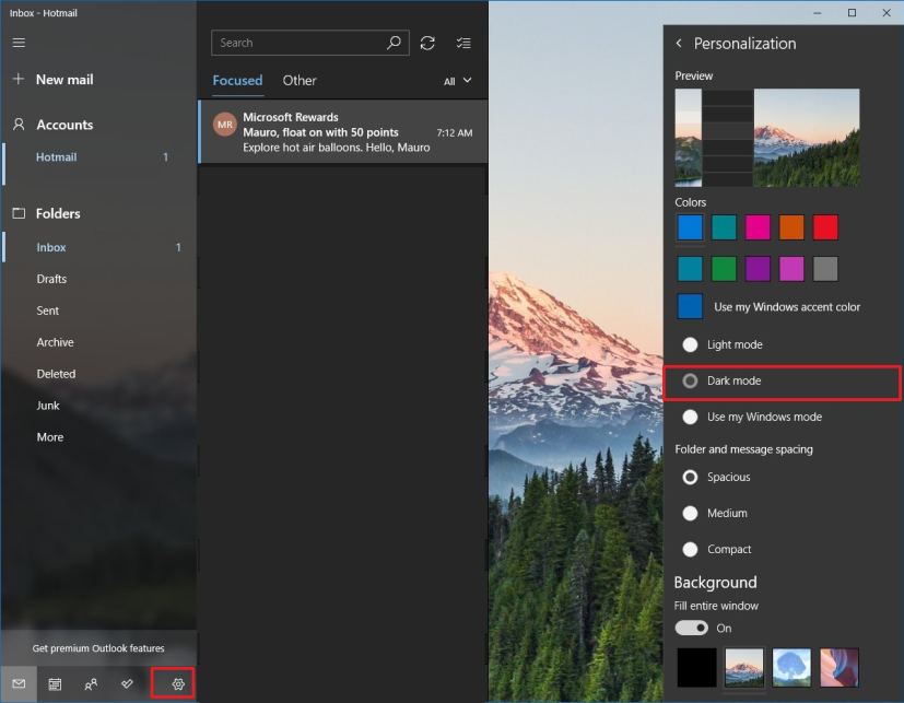 Mail app in dark mode on Windows 10