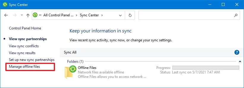 Manage offline files option