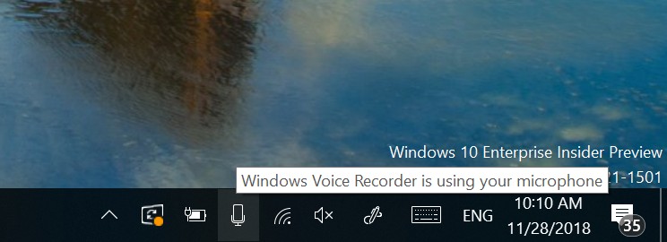 Microphone icon features on Windows 10 build 18290