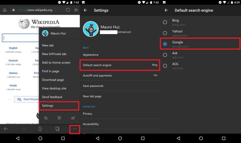 Set Google as default search engine on Microsoft Edge for Android