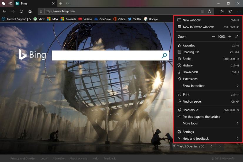 Microsoft Edge with new settings menu