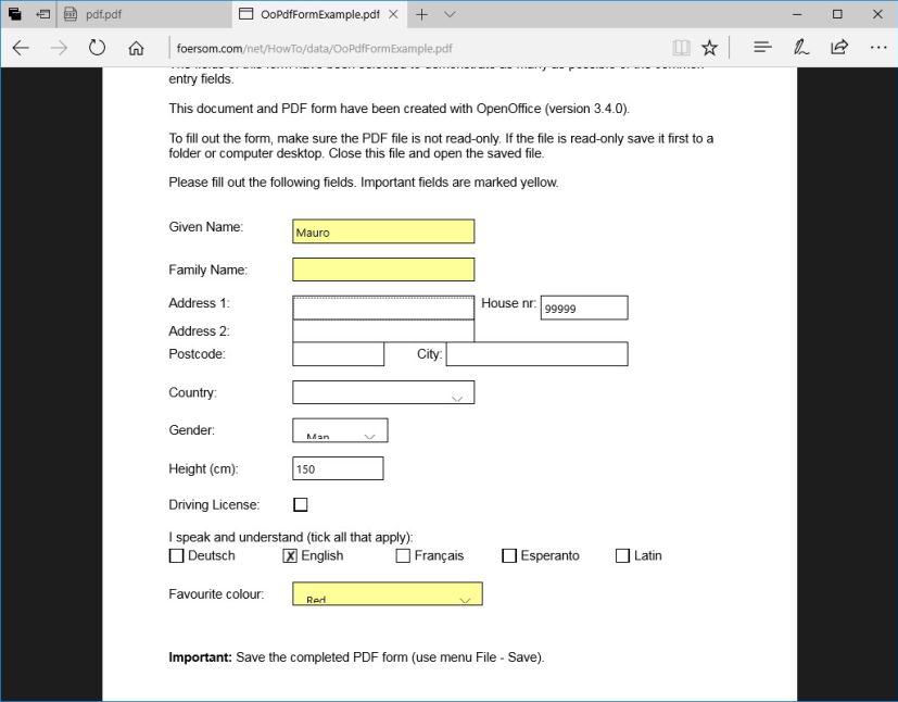 Microsoft Edge PDF form edit