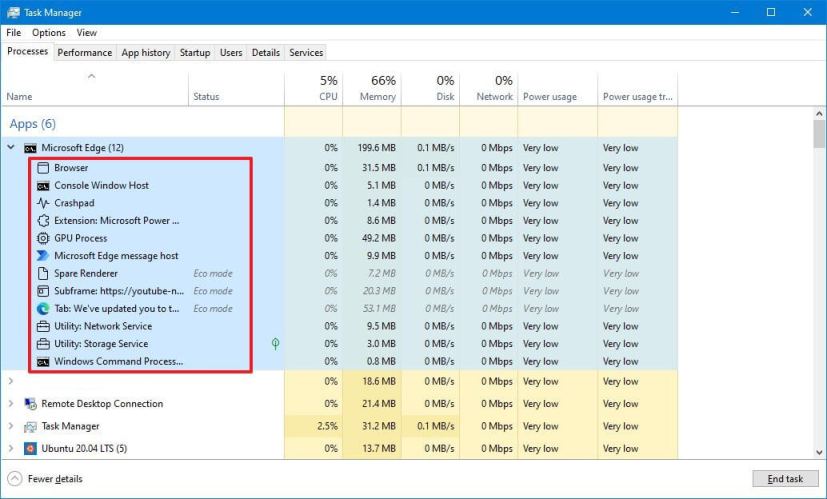 Task Manager Edge processes view