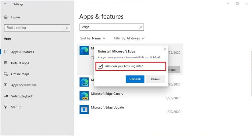 Microsoft Edge uninstaller clear browsing data option