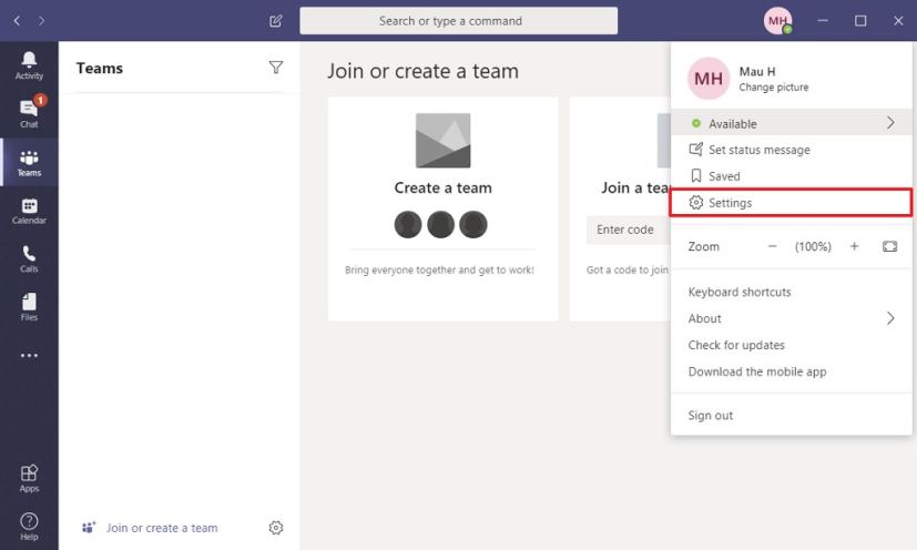 Microsoft Teams main menu