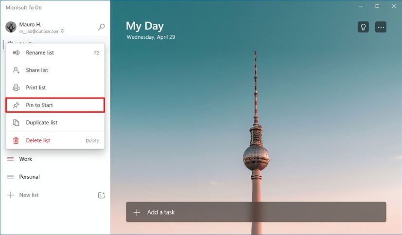 Microsoft To Do pin to Start menu
