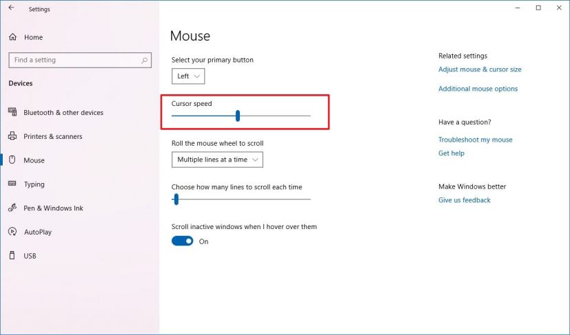 Mouse page with Cursor speed setting