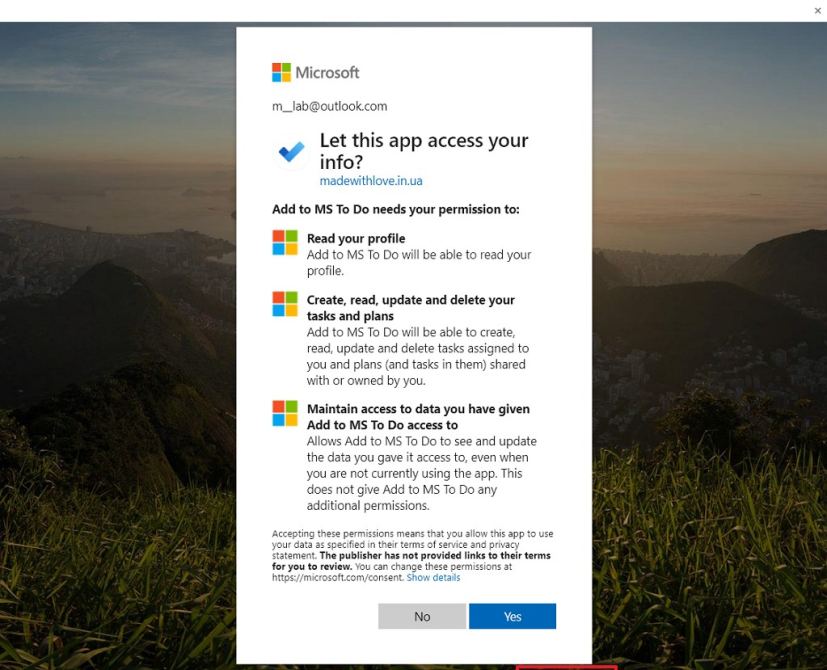 Allow permission to Microsoft account information