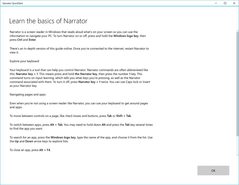 Windows 10's Narrator quick start experience