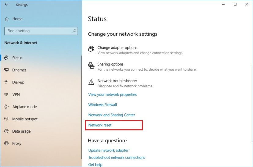Network reset option on Windows 10 October 2018 Update