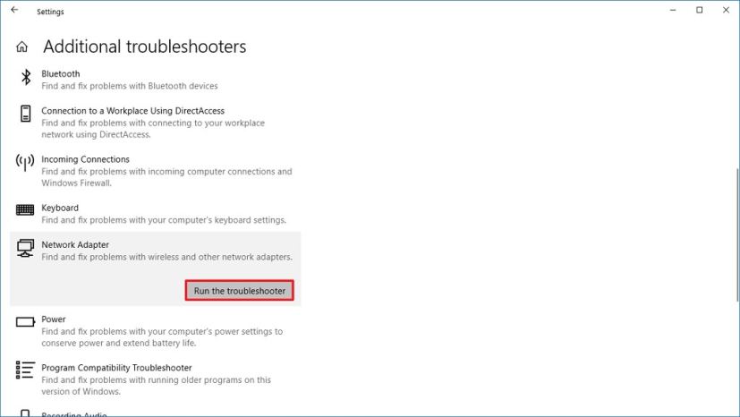 Network Adapter troubleshooter option on version 2004