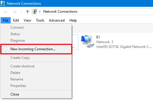 New Incoming Connection option on Windows 10