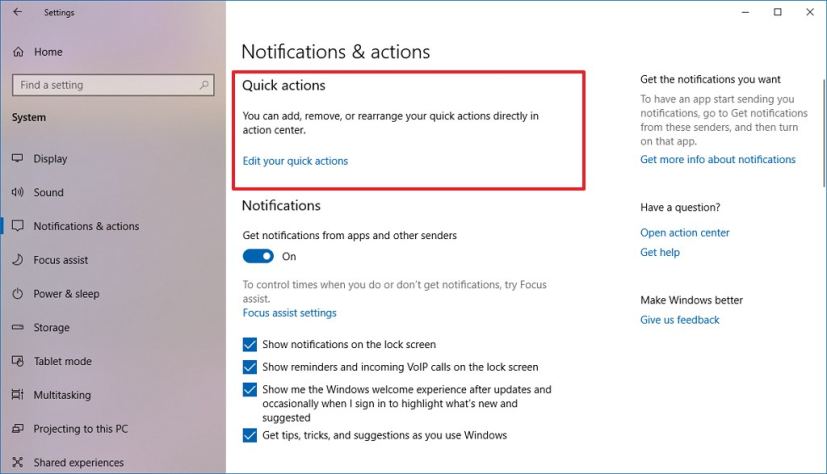 Notifications & actions settings on Windows 10 April 2019 Update