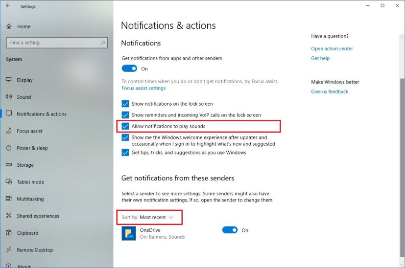 Notifications settings on Windows 10 19H2