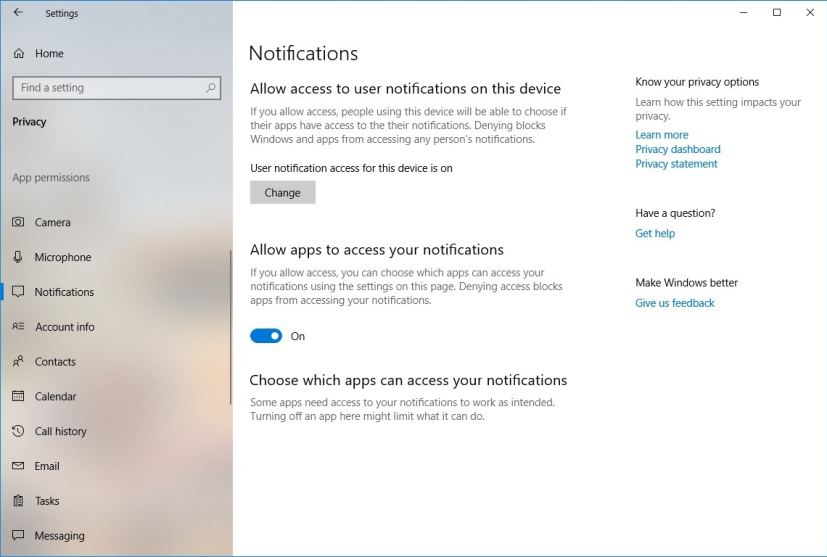Notifications privacy settings on version 1809
