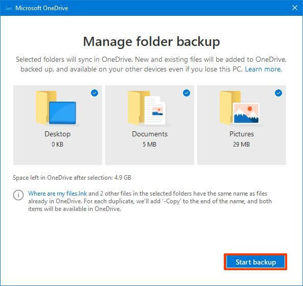 OneDrive file backup configuration