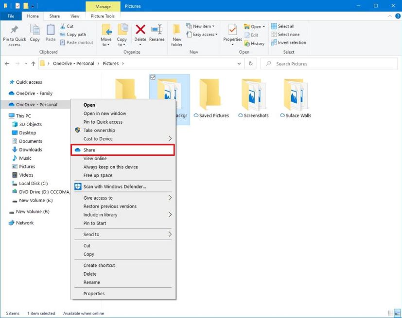 OneDrive share option in File Explorer