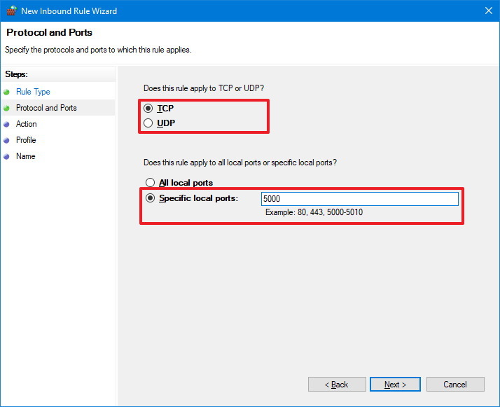 Open specific firewall port using TCP or UDP protocol