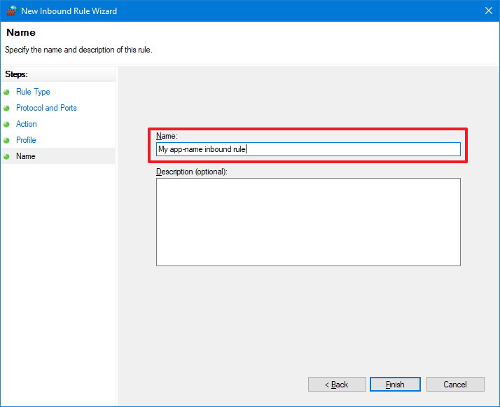 Firewall open port rule name settings