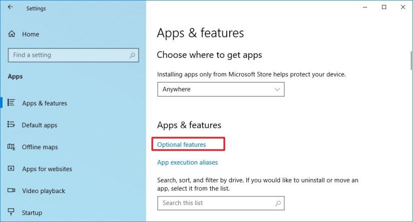 Apps & features settings, Optional features option