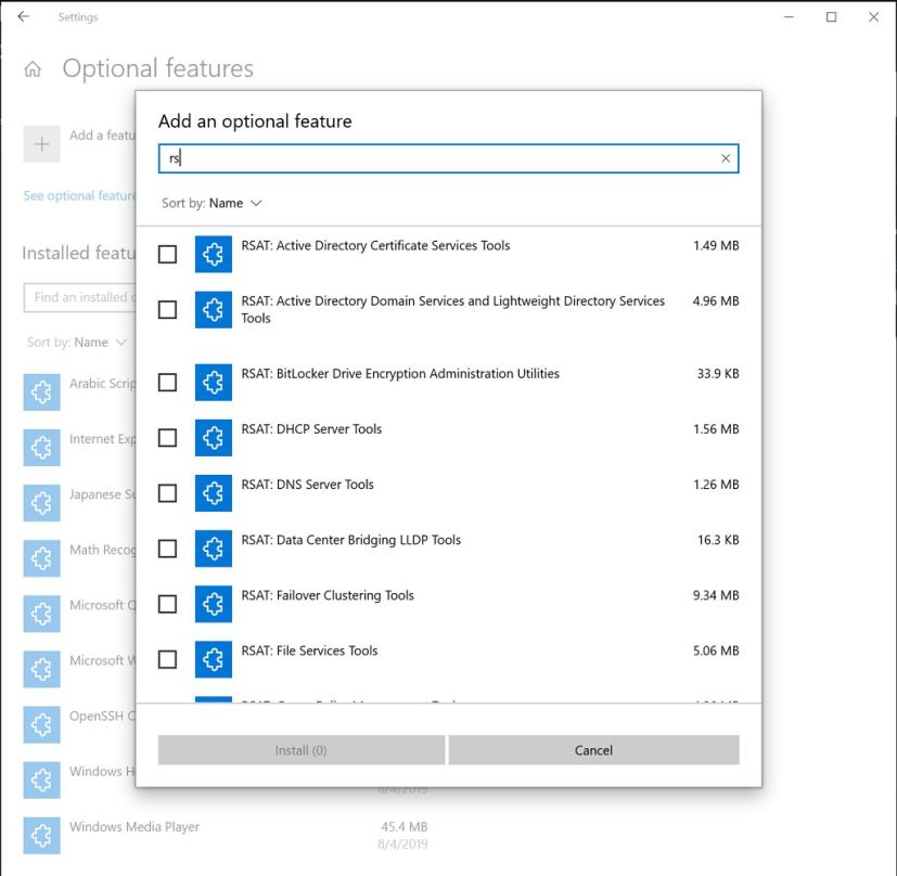 Optional Features settings on Windows 10 version 2003