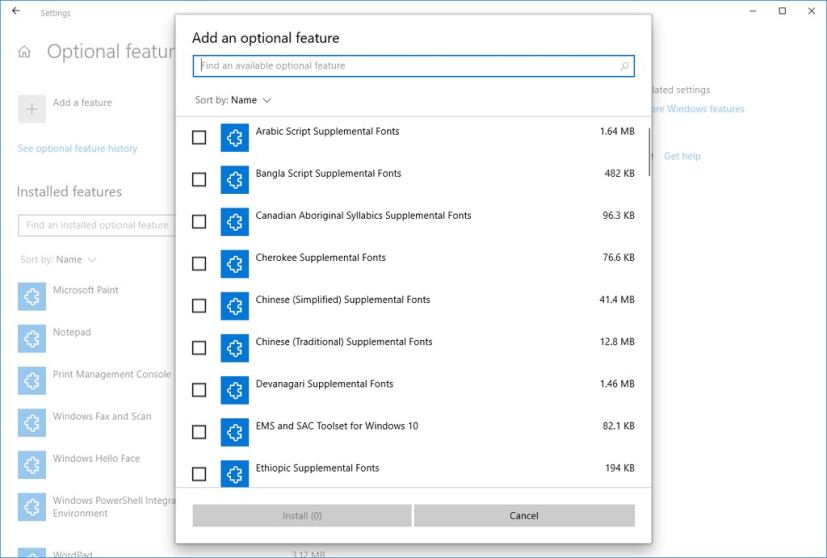 Optional Features settings on Windows 10 May 2020 Update