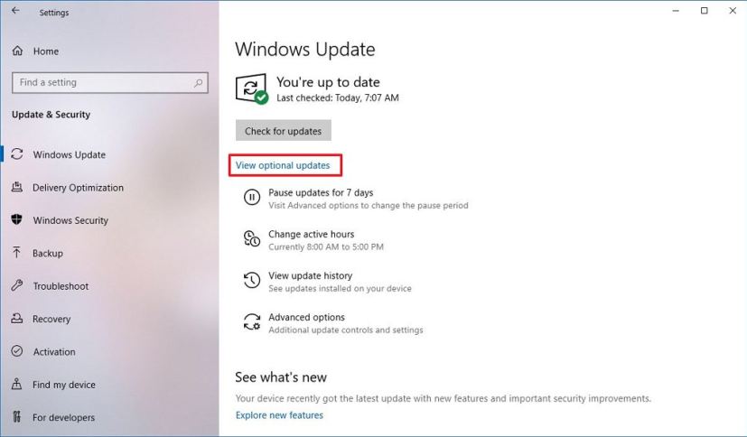 Windows Update settings with Optional updates link