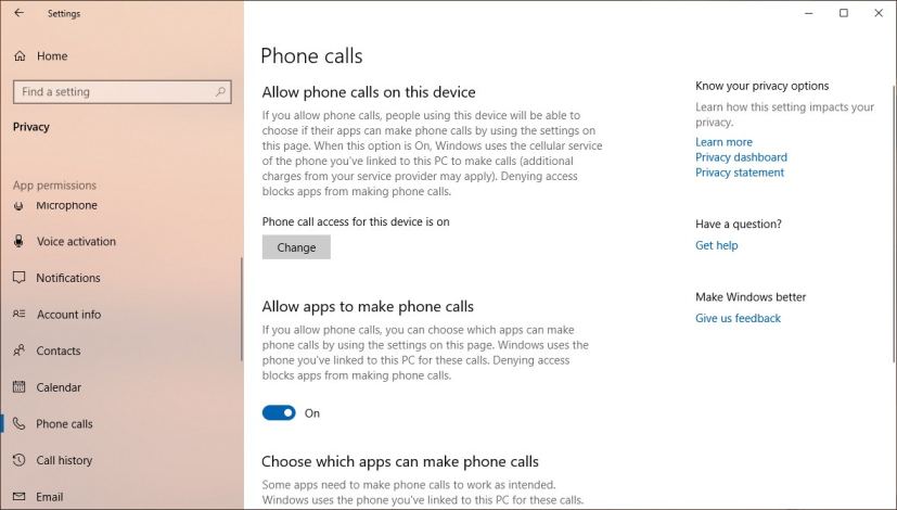 Phone calls settings on Windows 10 version 1903