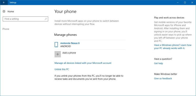 Phone to PC link settings on Windows 10 Fall Creators Update