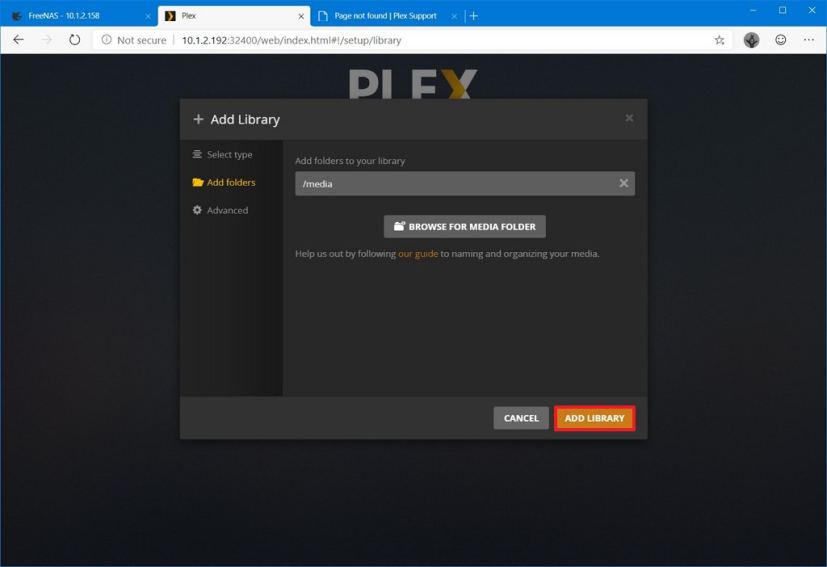 Complete Plex adding folder to library setup