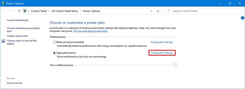 Power options change plan settings option