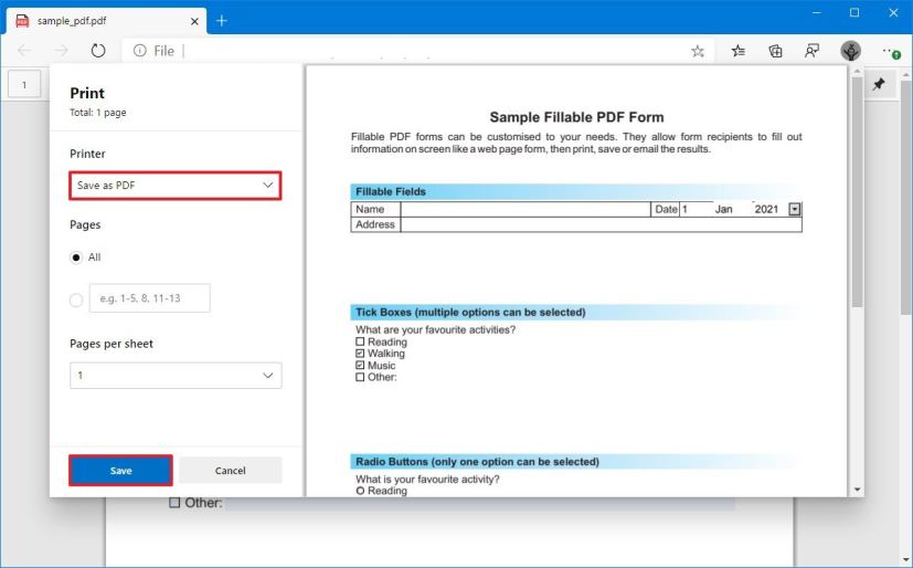 Print as PDF on Microsoft Edge