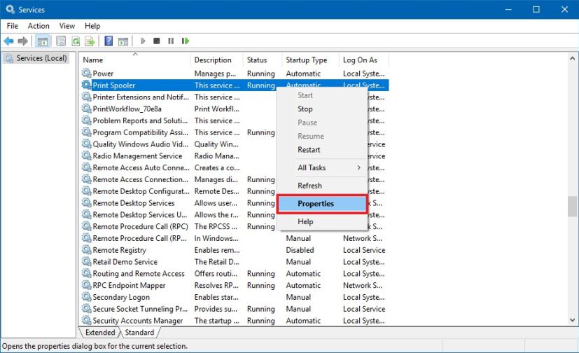 Print Spooler in Services console for Windows 10