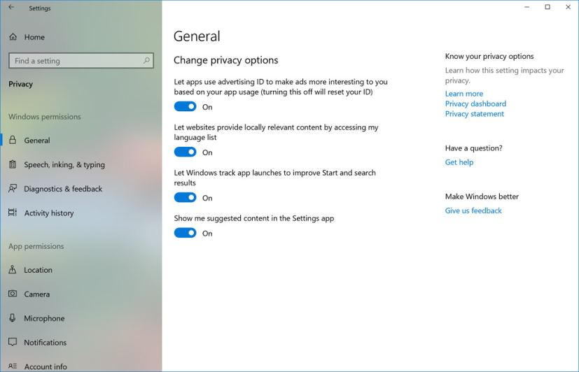 Privacy settings on Windows 10