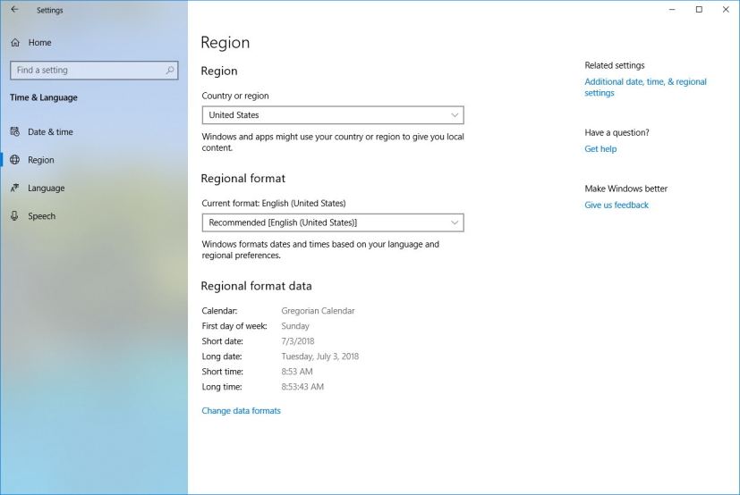 Regional format settings on Windows 10 Redstone 5