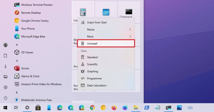 Start menu uninstall app