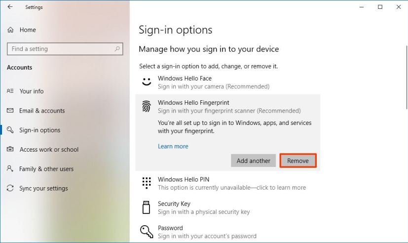 Remove Windows Hello Fingerprint