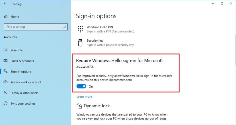 Windows 10 Require Windows Hello sign-in for Microsoft accounts option