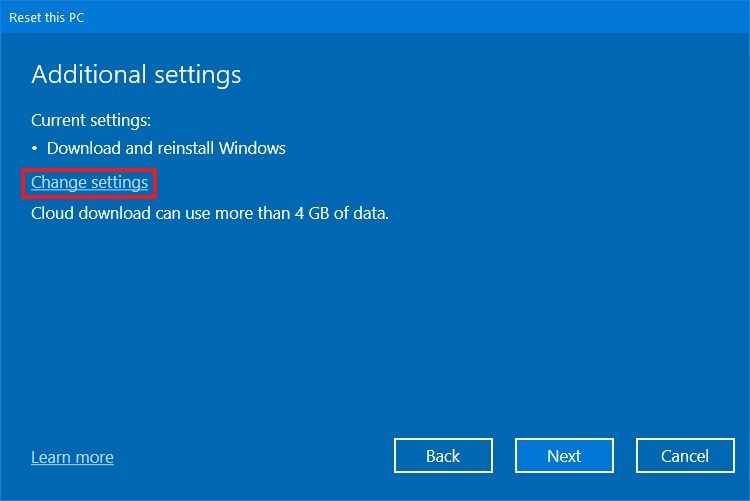 Reset this PC advanced settings option