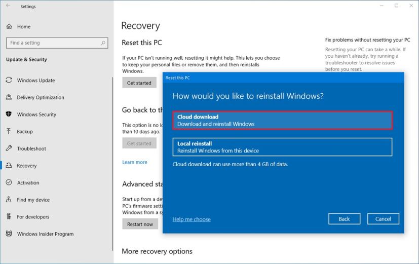 Reset this PC with Cloud download option on Windows 10 2004